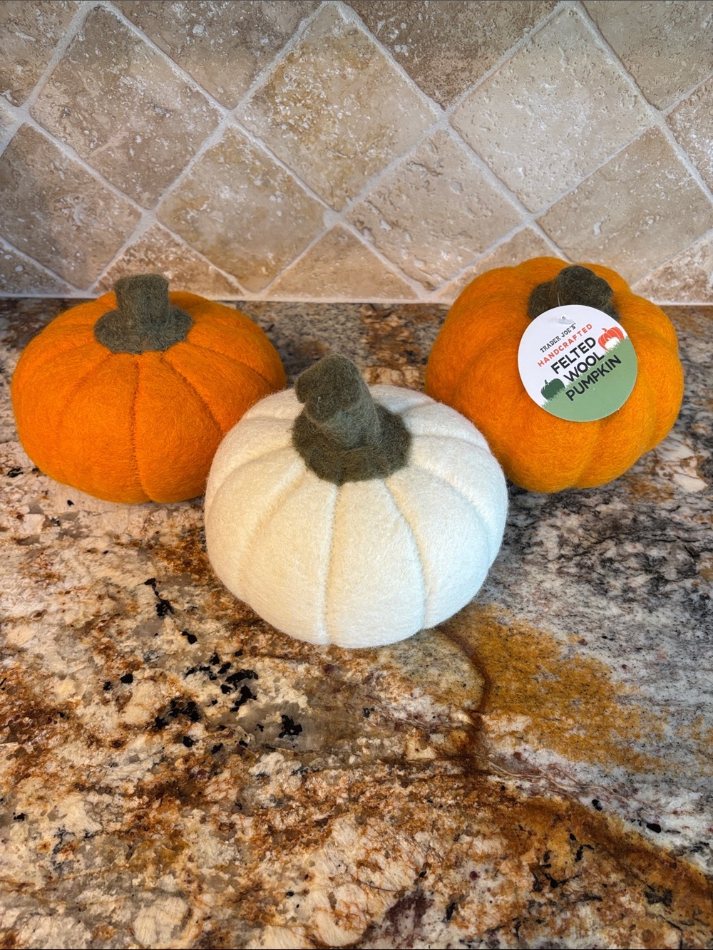 Handcrafted Felted Wool Pumpkins Set of 3- with Olive Stems